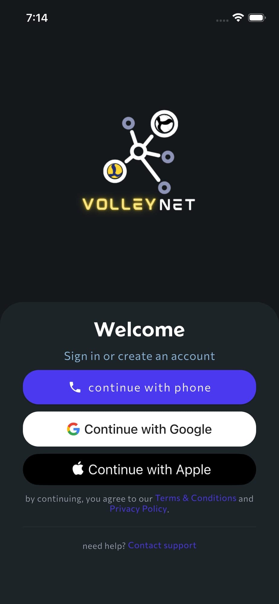 VolleyNet login screen